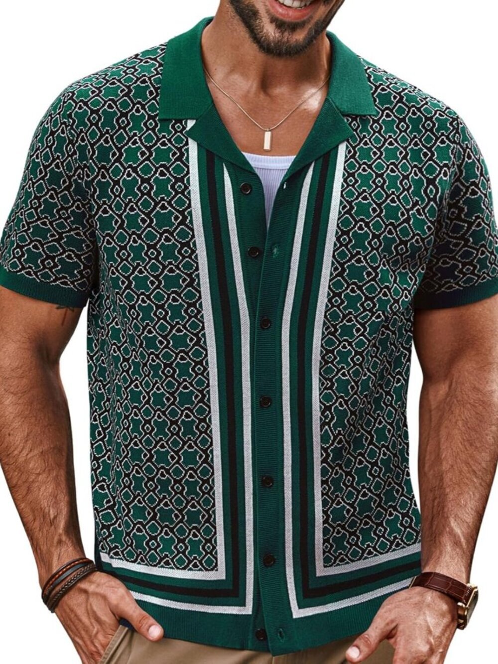 Men's Green Vintage Cuban Collar Knit Polo Shirt Button Down Shirt